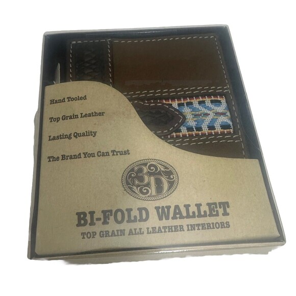 3D Men's Belt Bifold Tooled Aztec Wallet, Brown New - Picture 8 of 9